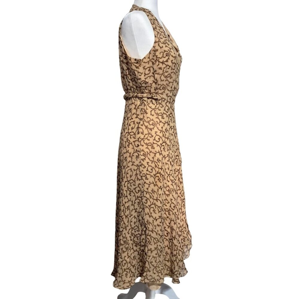 Lauren Ralph Lauren Tan & Brown Silk Wrap Dress Womens Size 12 Sleeveless Midi L - Picture 8 of 10